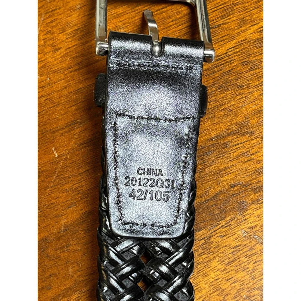 Men's Black Braided Woven Faux Leather Belt Size 42/105 Silver Buckle Casual